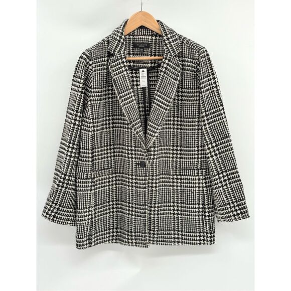 Talbots Jacket Blazer‎ Women 12 Houndstooth Cream Off White Dark Navy Blue Wool - Picture 2 of 15
